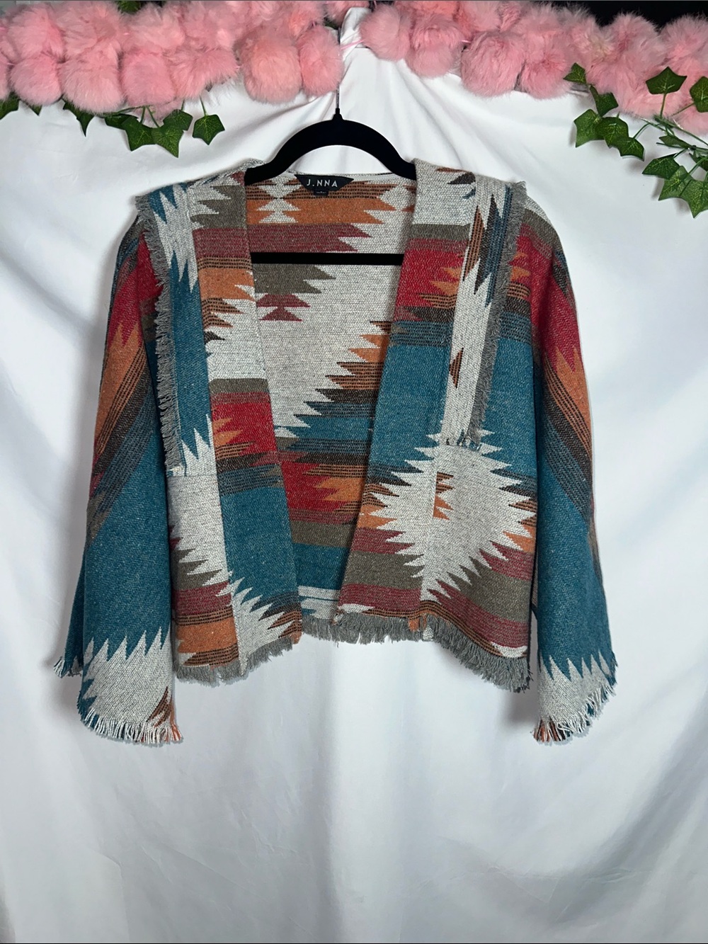 J. NNA Teal Aztec Open-Front Hooded Cardigan